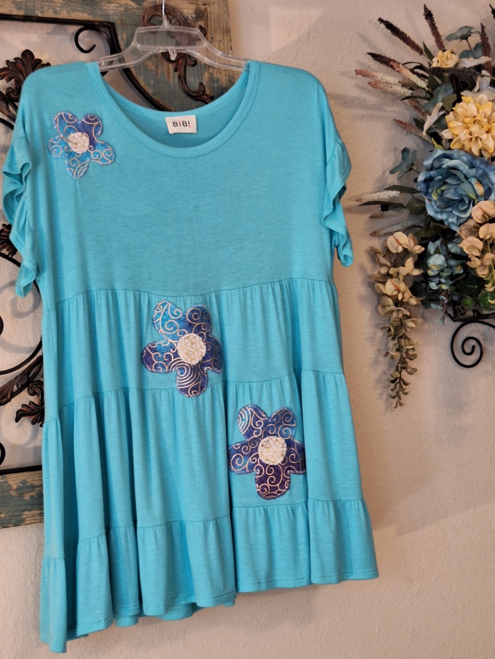 Rework Patchwork BiBi Aqua Tiered Short Sleeve Top. Size S